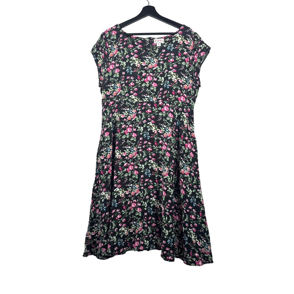 Lanz of Salzburg Floral Midi Dress sz LBlack Pink cottage core boho relaxed 90s